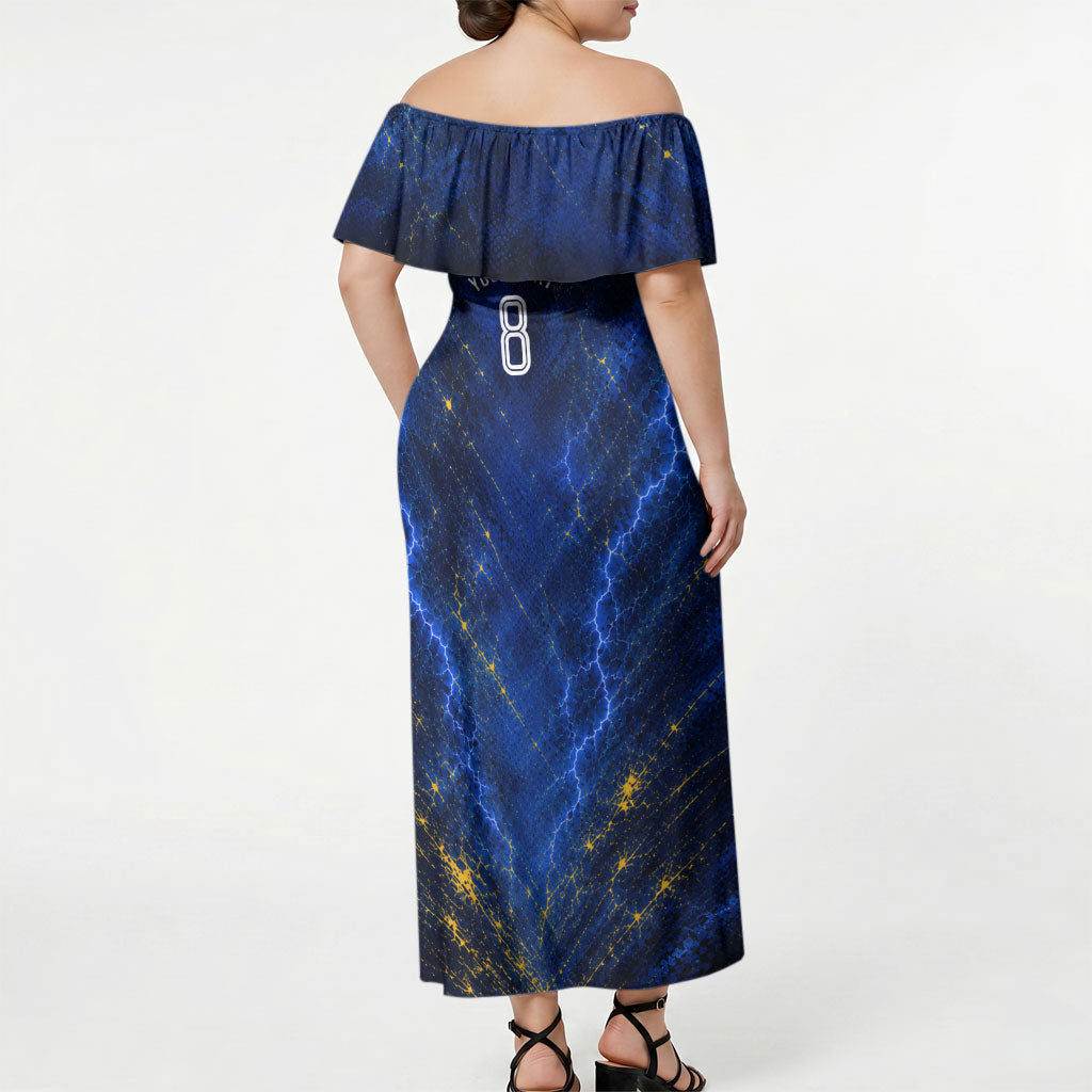 Personalized Sweden Football Lion Off Shoulder Maxi Dress Electric Lightning Mascot
