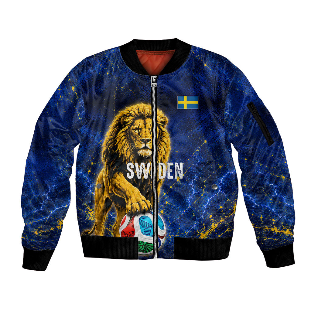 Personalized Sweden Football Lion Sleeve Zip Bomber Jacket Electric Lightning Mascot