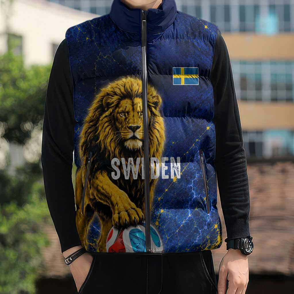 Personalized Sweden Football Lion Sleeveless Puffer Jacket Electric Lightning Mascot