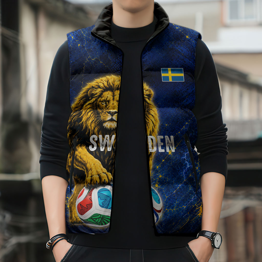 Personalized Sweden Football Lion Sleeveless Puffer Jacket Electric Lightning Mascot