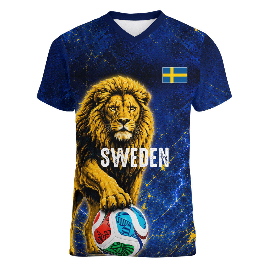 Personalized Sweden Football Lion Women V-Neck T-Shirt Electric Lightning Mascot