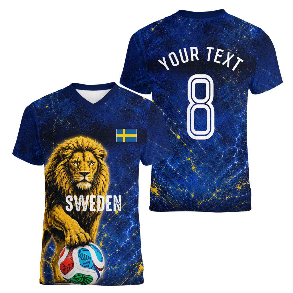 Personalized Sweden Football Lion Women V-Neck T-Shirt Electric Lightning Mascot