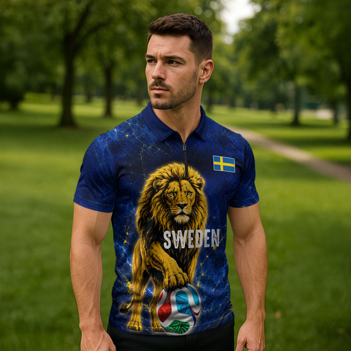 Personalized Sweden Football Lion Zipper Polo Shirt Electric Lightning Mascot