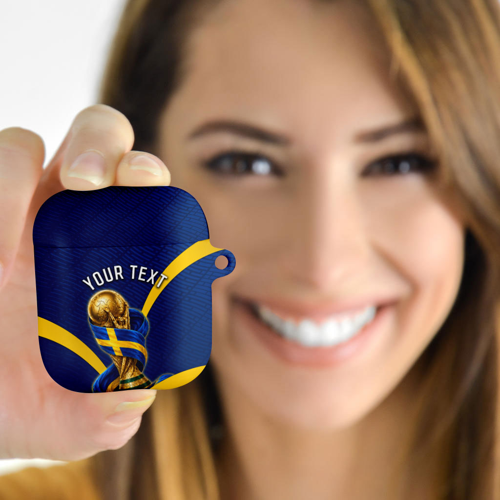 Personalized Sweden Football Trophy AirPods Case Golden Cup Flag Ribbon Dynamic Stripes