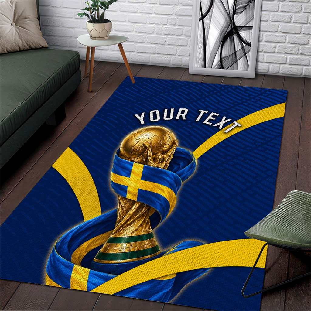 Personalized Sweden Football Trophy Area Rug Golden Cup Flag Ribbon Dynamic Stripes