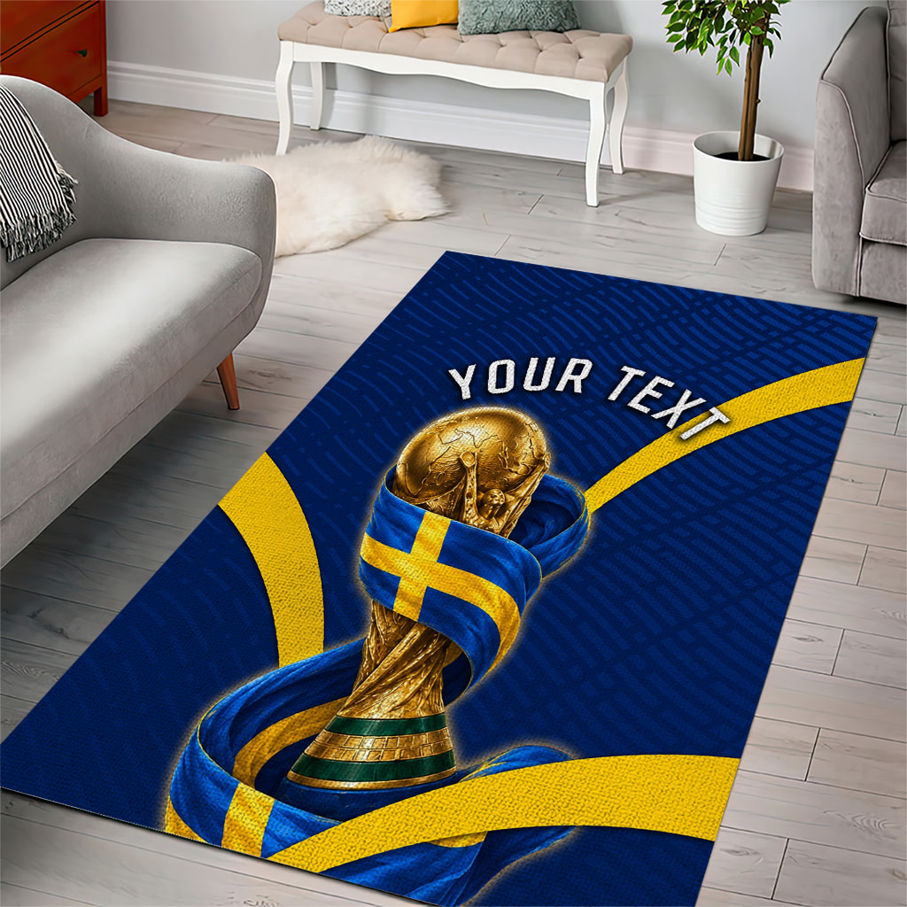 Personalized Sweden Football Trophy Area Rug Golden Cup Flag Ribbon Dynamic Stripes