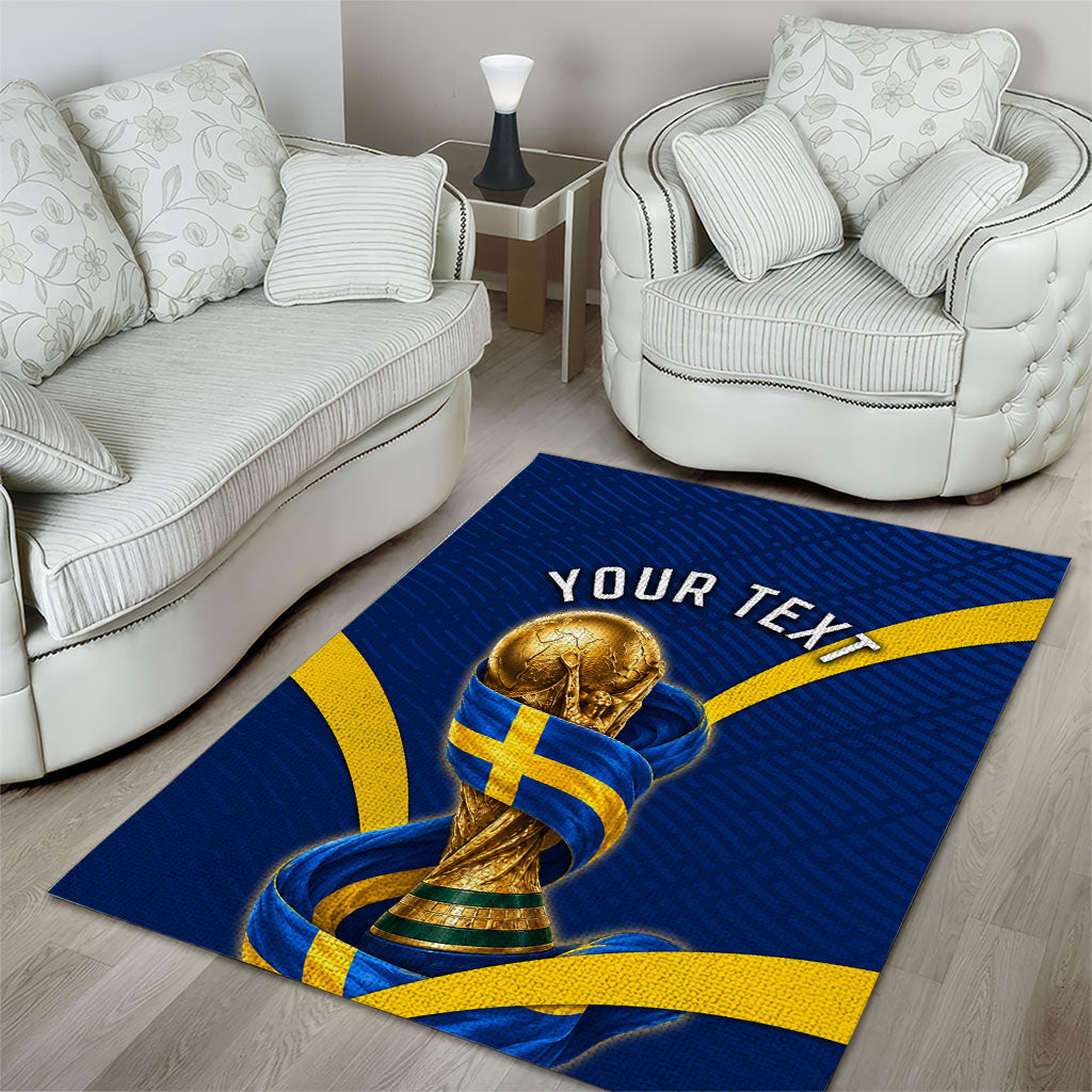 Personalized Sweden Football Trophy Area Rug Golden Cup Flag Ribbon Dynamic Stripes
