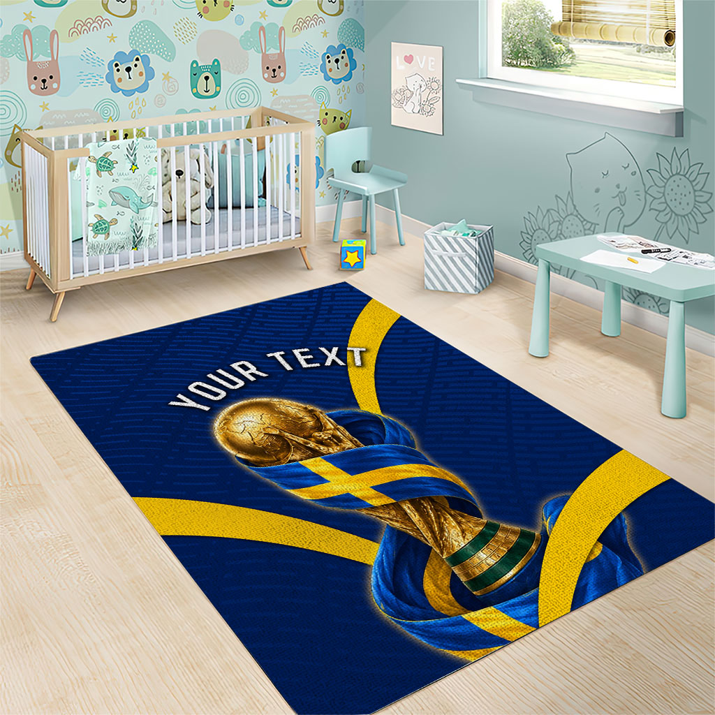 Personalized Sweden Football Trophy Area Rug Golden Cup Flag Ribbon Dynamic Stripes