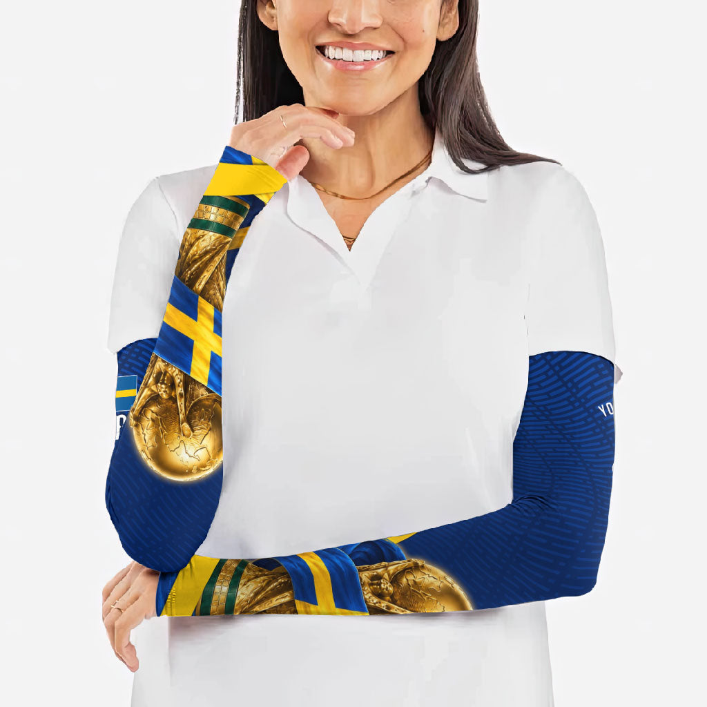 Personalized Sweden Football Trophy Arm Sleeves Golden Cup Flag Ribbon Dynamic Stripes