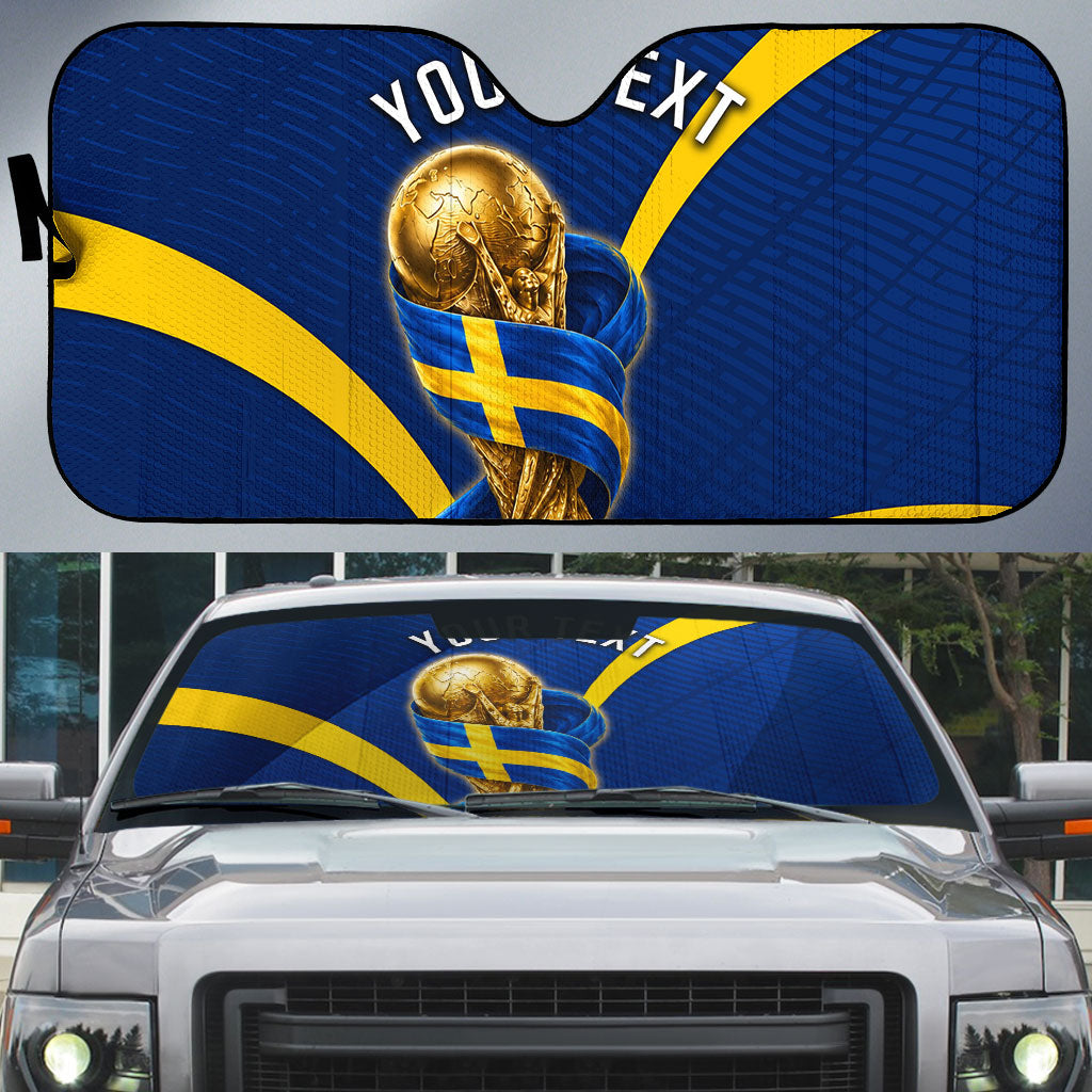 Personalized Sweden Football Trophy Auto Sun Shade Golden Cup Flag Ribbon Dynamic Stripes