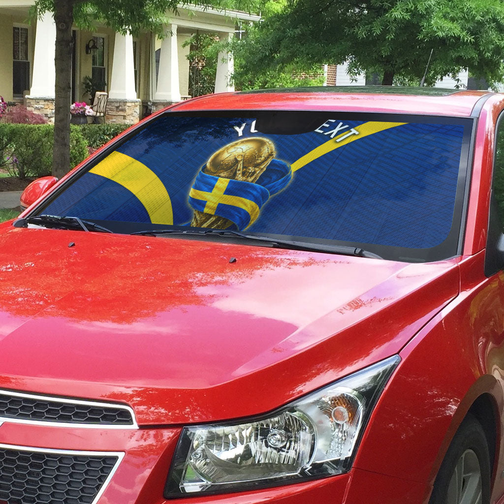 Personalized Sweden Football Trophy Auto Sun Shade Golden Cup Flag Ribbon Dynamic Stripes
