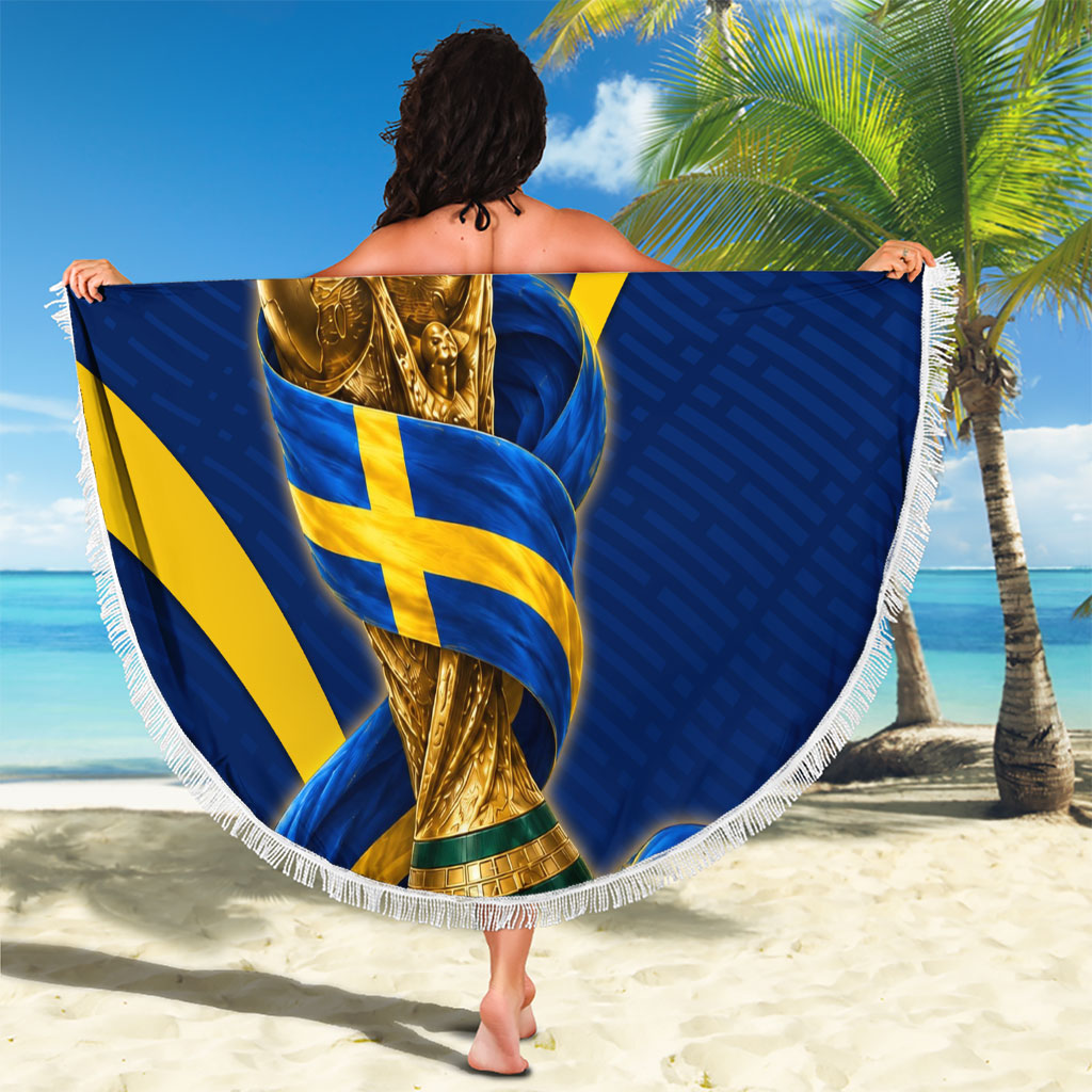 Personalized Sweden Football Trophy Beach Blanket Golden Cup Flag Ribbon Dynamic Stripes