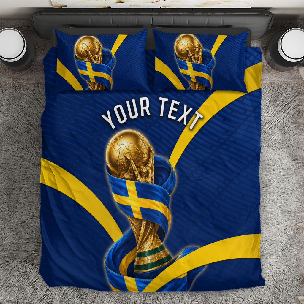 Personalized Sweden Football Trophy Bedding Set Golden Cup Flag Ribbon Dynamic Stripes