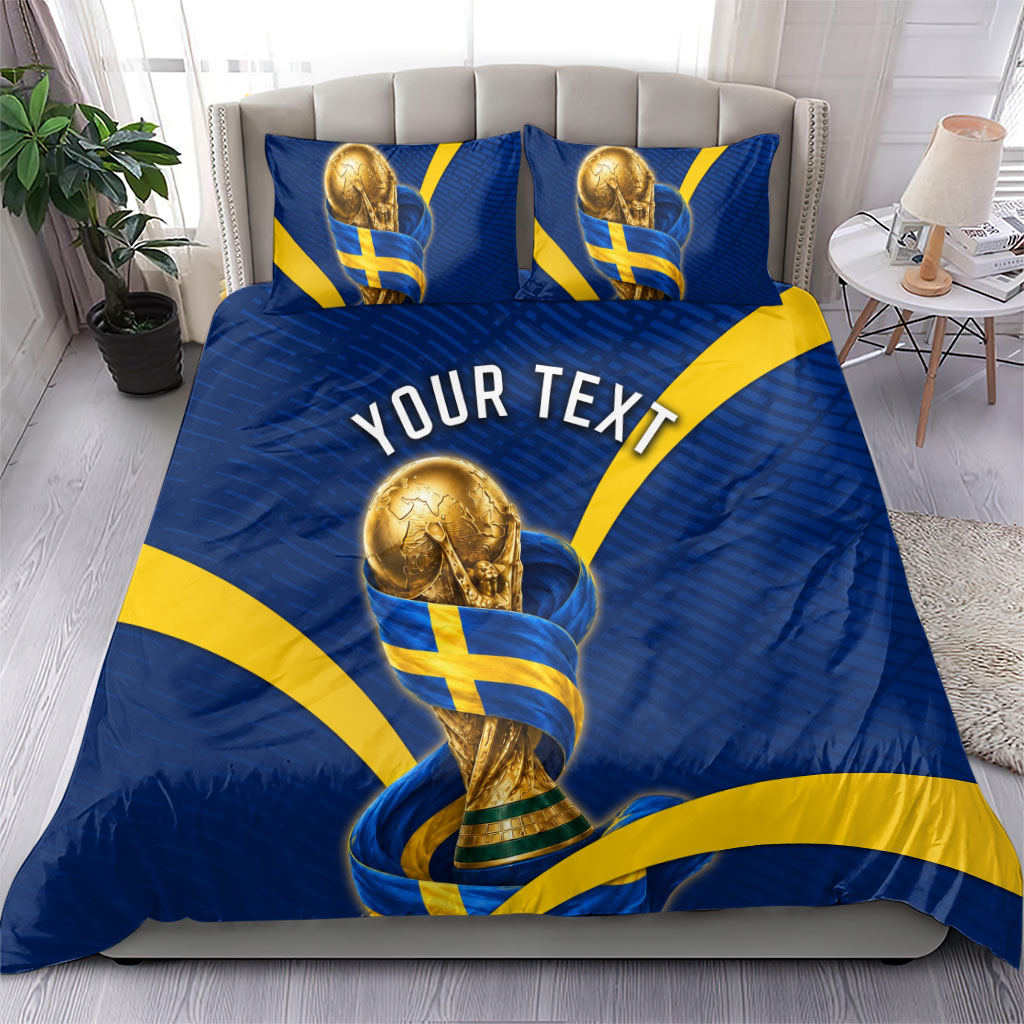 Personalized Sweden Football Trophy Bedding Set Golden Cup Flag Ribbon Dynamic Stripes