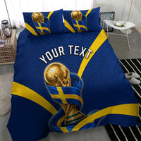 Personalized Sweden Football Trophy Bedding Set Golden Cup Flag Ribbon Dynamic Stripes