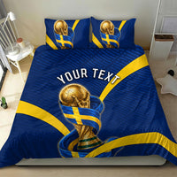 Personalized Sweden Football Trophy Bedding Set Golden Cup Flag Ribbon Dynamic Stripes