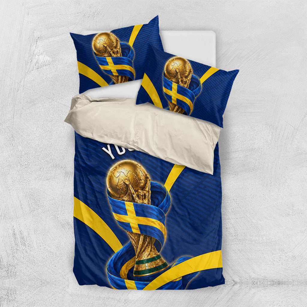 Personalized Sweden Football Trophy Bedding Set Golden Cup Flag Ribbon Dynamic Stripes