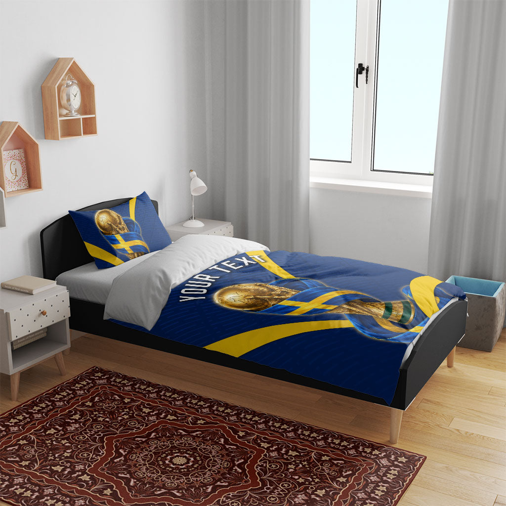 Personalized Sweden Football Trophy Bedding Set Golden Cup Flag Ribbon Dynamic Stripes