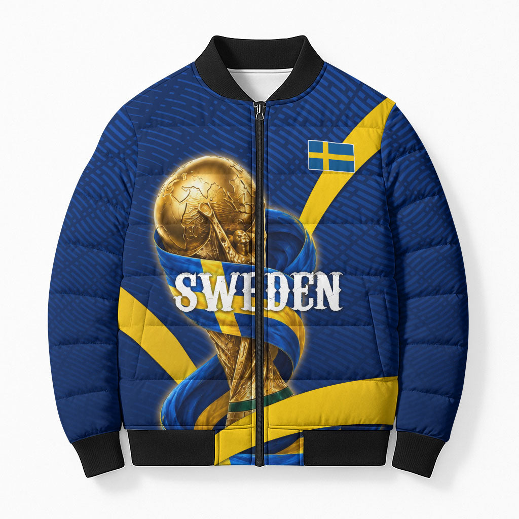 Personalized Sweden Football Trophy Bomber Puffer Jacket Golden Cup Flag Ribbon Dynamic Stripes