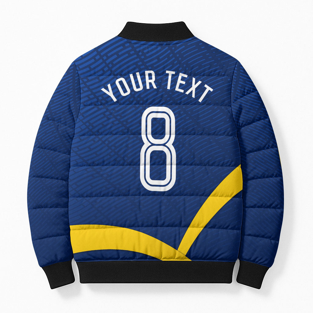Personalized Sweden Football Trophy Bomber Puffer Jacket Golden Cup Flag Ribbon Dynamic Stripes
