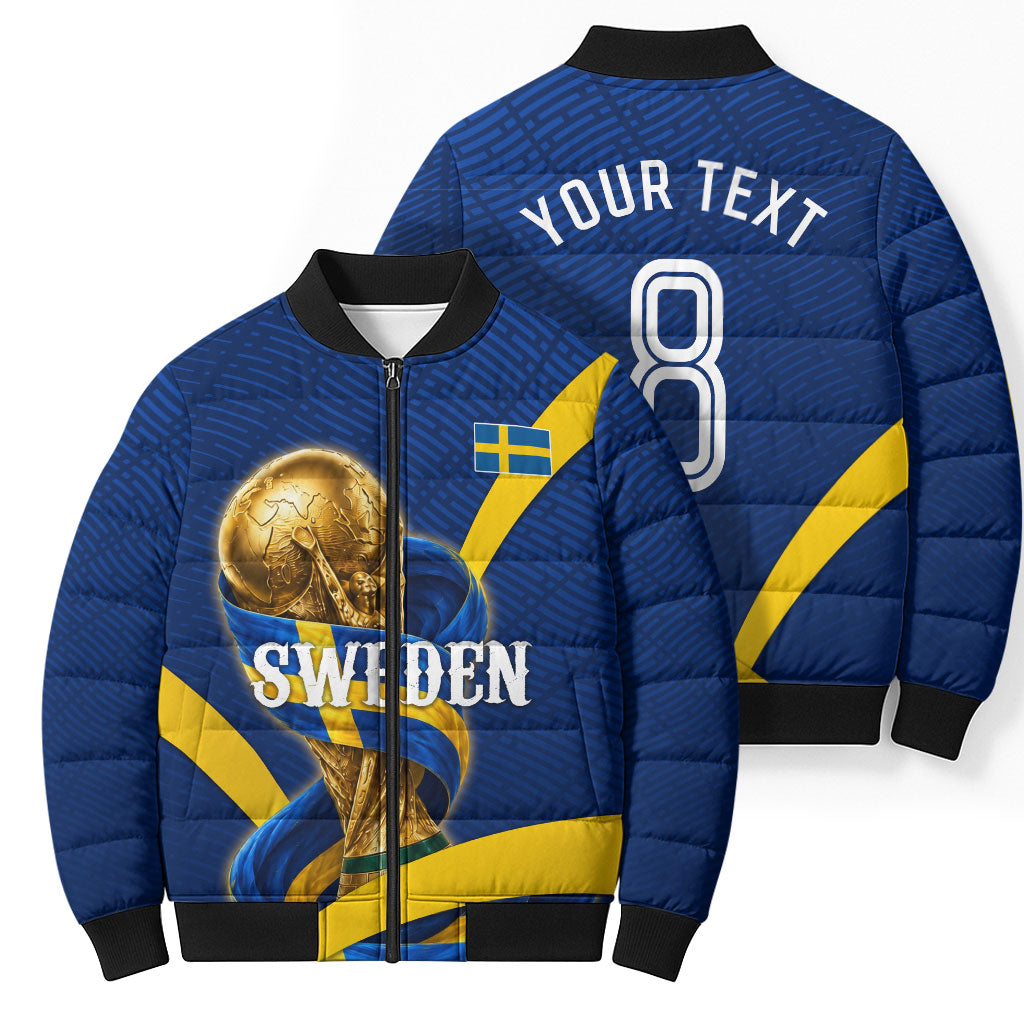 Personalized Sweden Football Trophy Bomber Puffer Jacket Golden Cup Flag Ribbon Dynamic Stripes