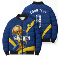Personalized Sweden Football Trophy Bomber Puffer Jacket Golden Cup Flag Ribbon Dynamic Stripes