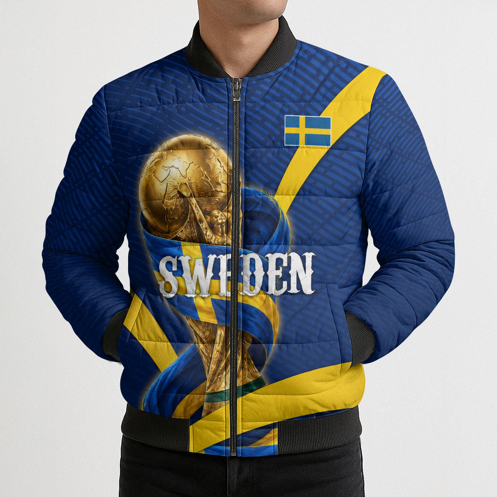 Personalized Sweden Football Trophy Bomber Puffer Jacket Golden Cup Flag Ribbon Dynamic Stripes