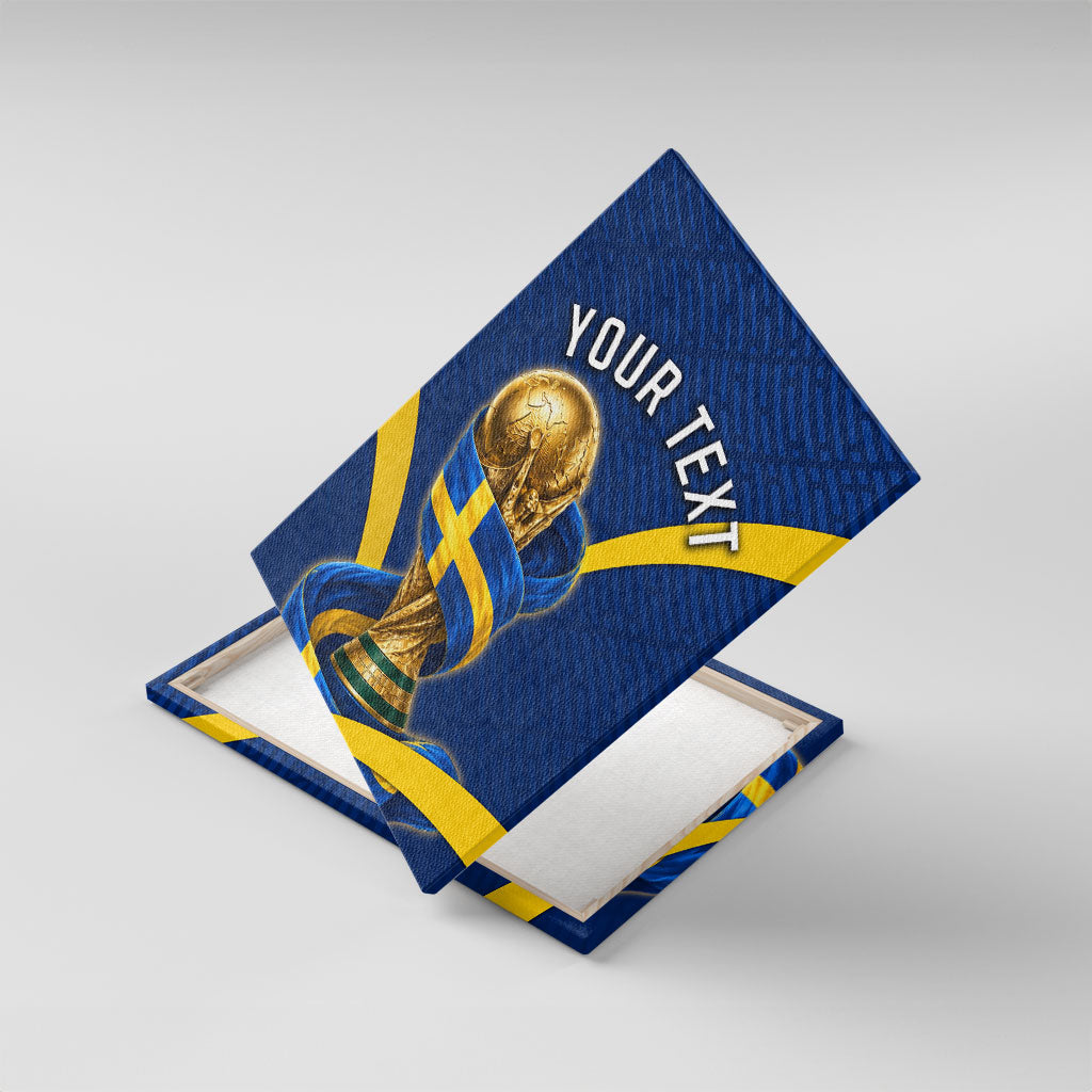 Personalized Sweden Football Trophy Canvas Wall Art Golden Cup Flag Ribbon Dynamic Stripes