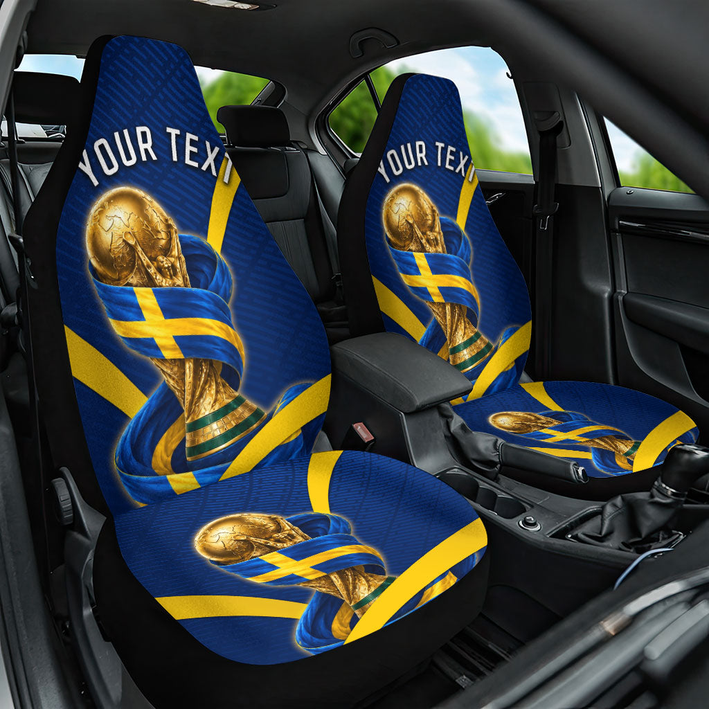 Personalized Sweden Football Trophy Car Seat Cover Golden Cup Flag Ribbon Dynamic Stripes
