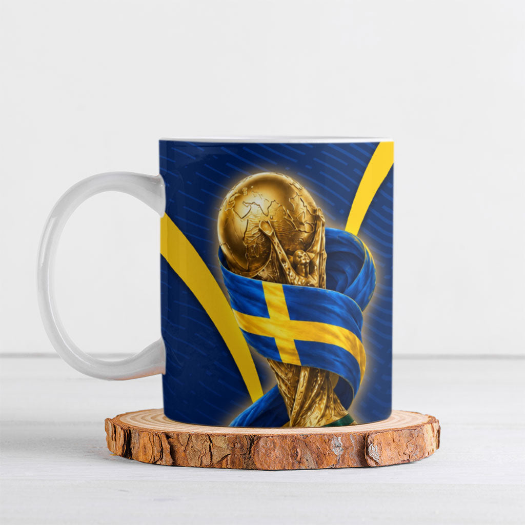 Personalized Sweden Football Trophy Ceramic Mug Golden Cup Flag Ribbon Dynamic Stripes