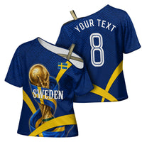 Personalized Sweden Football Trophy Cross Shoulder Shirt Golden Cup Flag Ribbon Dynamic Stripes