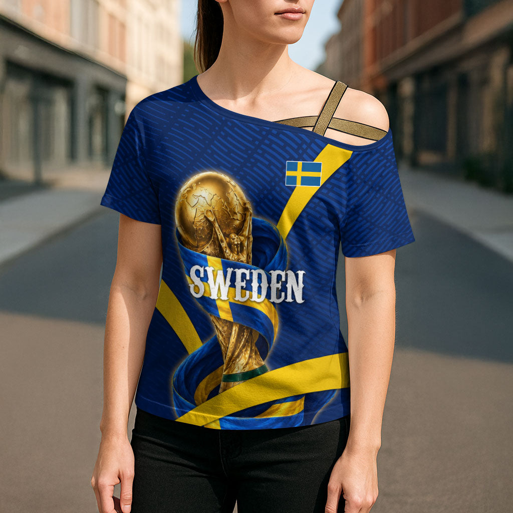Personalized Sweden Football Trophy Cross Shoulder Shirt Golden Cup Flag Ribbon Dynamic Stripes