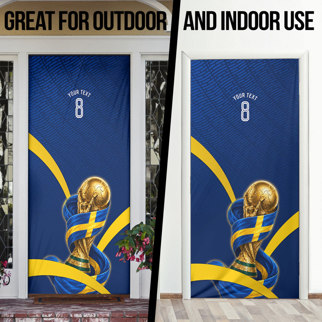 Personalized Sweden Football Trophy Door Cover Golden Cup Flag Ribbon Dynamic Stripes