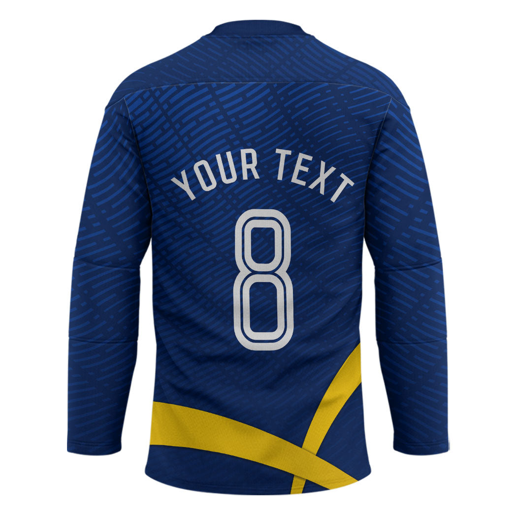 Personalized Sweden Football Trophy Hockey Jersey Golden Cup Flag Ribbon Dynamic Stripes