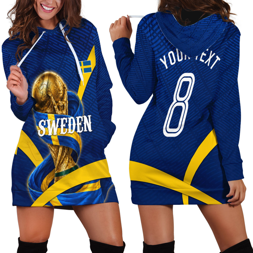 Personalized Sweden Football Trophy Hoodie Dress Golden Cup Flag Ribbon Dynamic Stripes