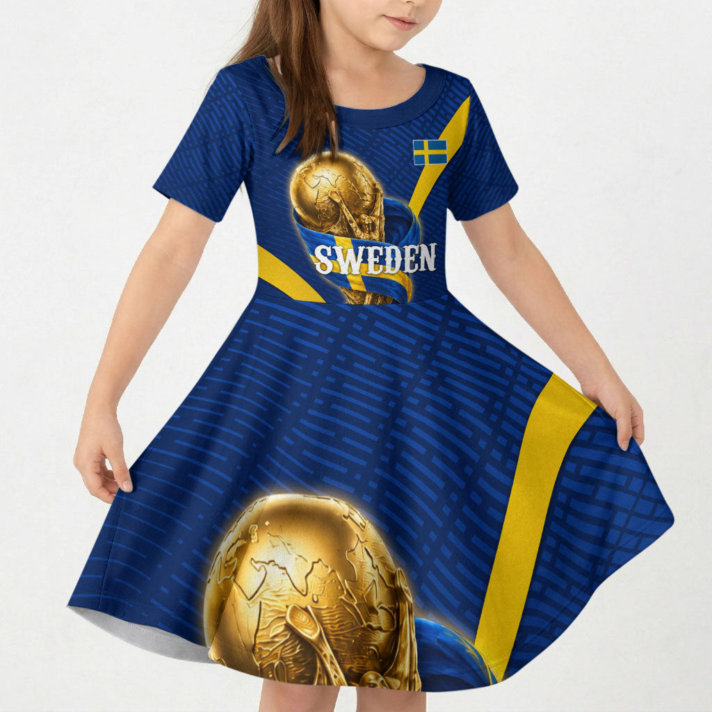 Personalized Sweden Football Trophy Kid Short Sleeve Dress Golden Cup Flag Ribbon Dynamic Stripes
