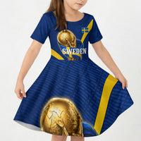 Personalized Sweden Football Trophy Kid Short Sleeve Dress Golden Cup Flag Ribbon Dynamic Stripes