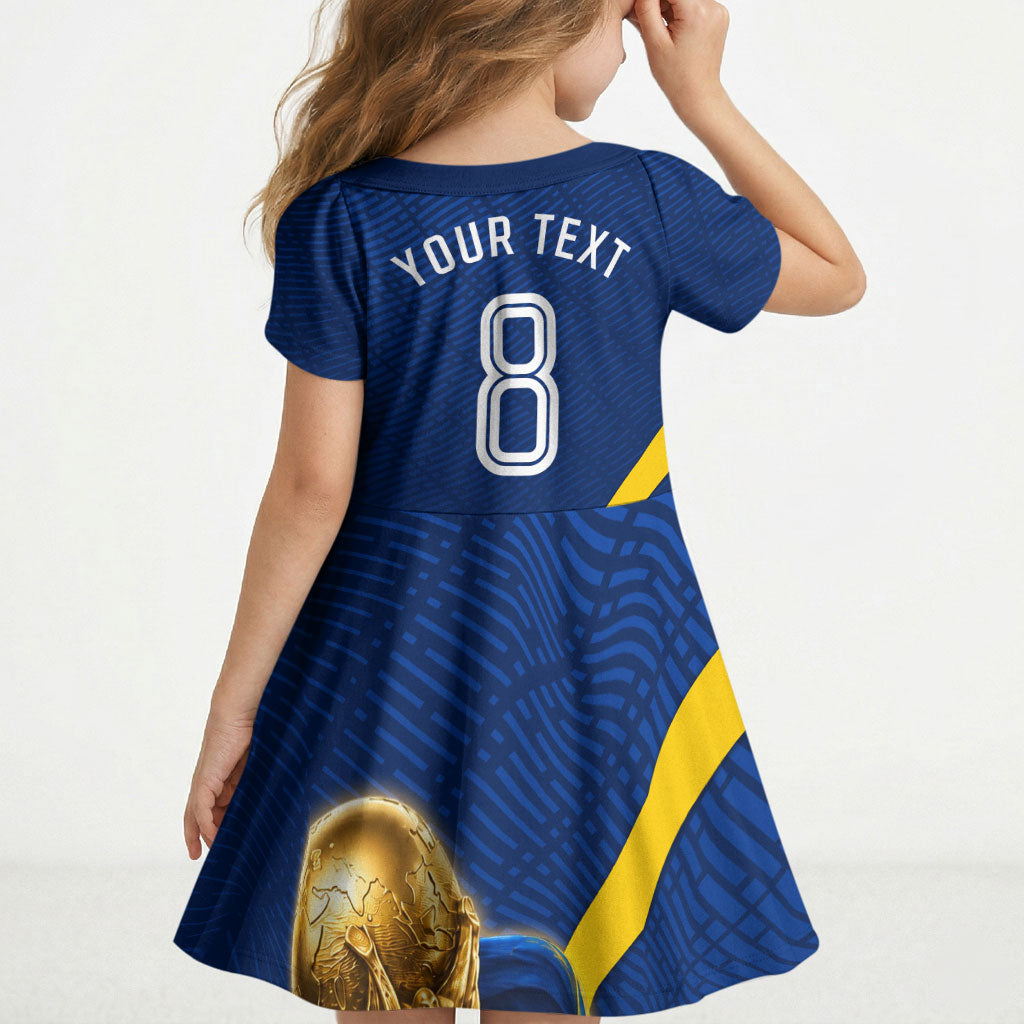 Personalized Sweden Football Trophy Kid Short Sleeve Dress Golden Cup Flag Ribbon Dynamic Stripes