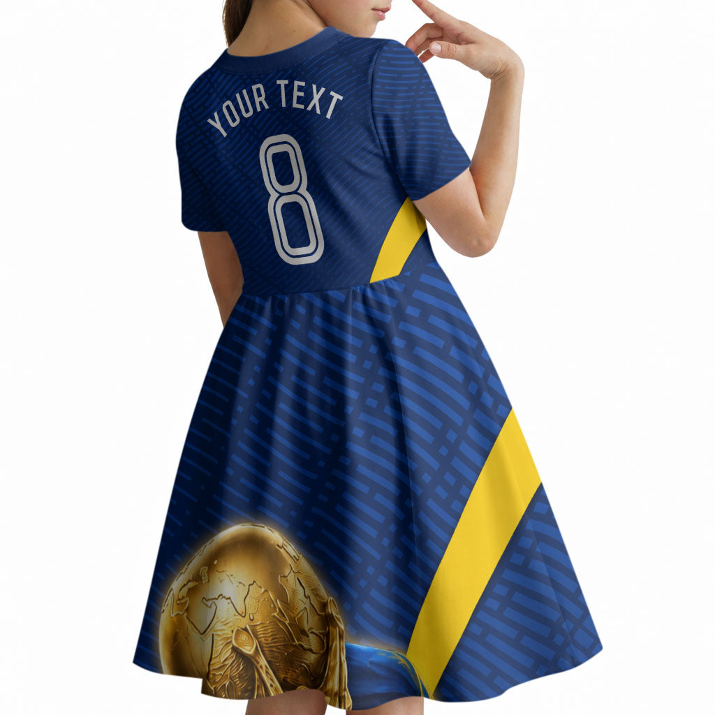 Personalized Sweden Football Trophy Kid Short Sleeve Dress Golden Cup Flag Ribbon Dynamic Stripes