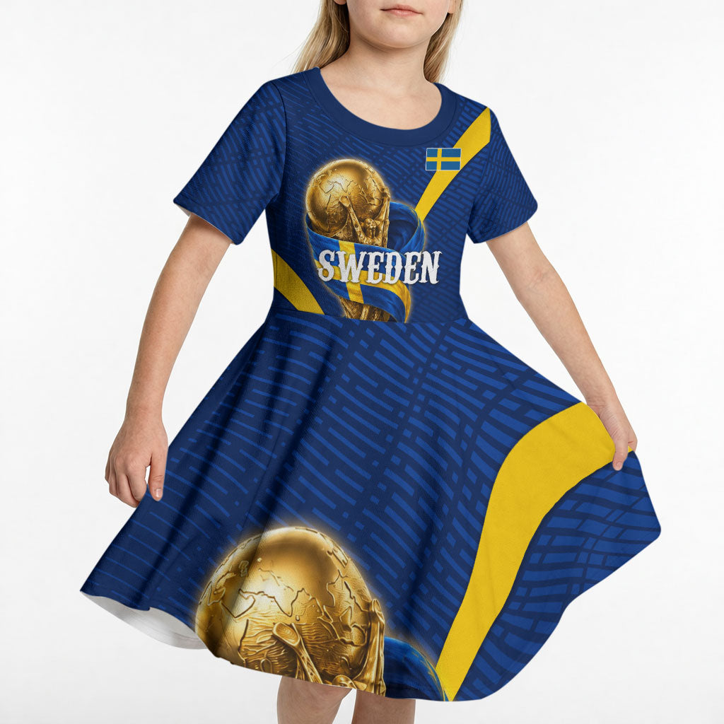 Personalized Sweden Football Trophy Kid Short Sleeve Dress Golden Cup Flag Ribbon Dynamic Stripes