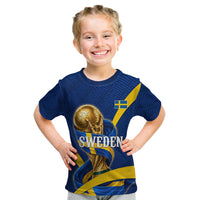 Personalized Sweden Football Trophy Kid T Shirt Golden Cup Flag Ribbon Dynamic Stripes