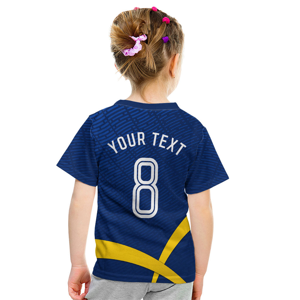 Personalized Sweden Football Trophy Kid T Shirt Golden Cup Flag Ribbon Dynamic Stripes