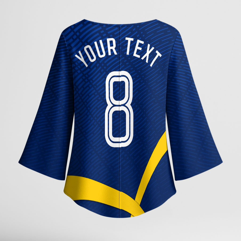 Personalized Sweden Football Trophy Kimono Sleeve Blouse Golden Cup Flag Ribbon Dynamic Stripes