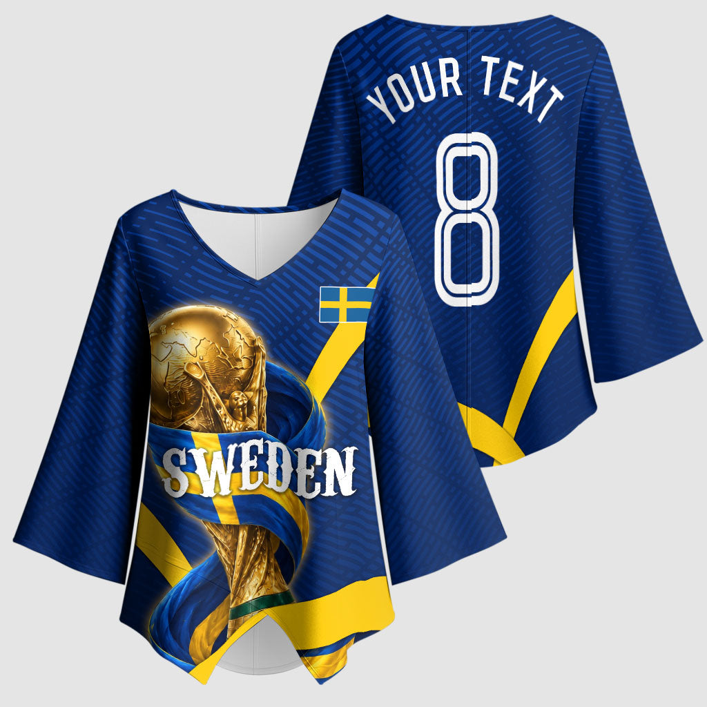 Personalized Sweden Football Trophy Kimono Sleeve Blouse Golden Cup Flag Ribbon Dynamic Stripes