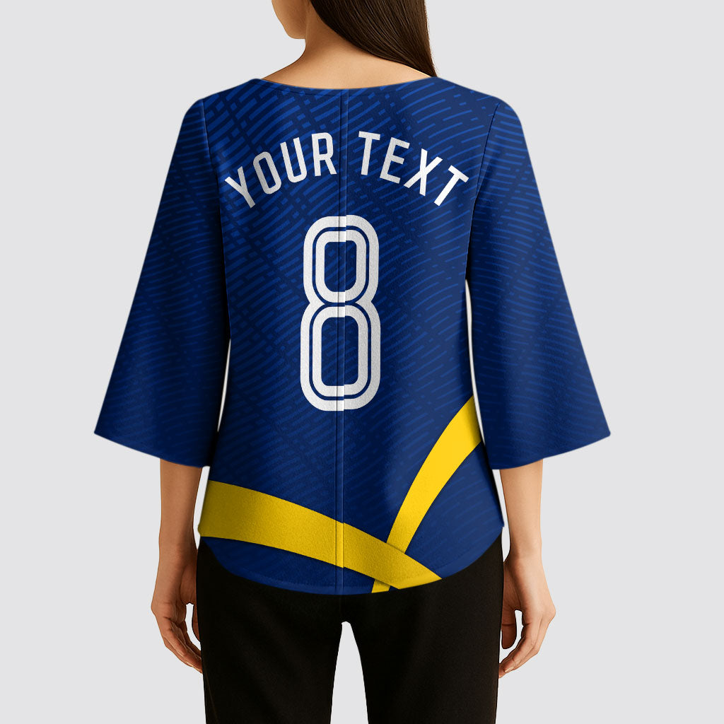 Personalized Sweden Football Trophy Kimono Sleeve Blouse Golden Cup Flag Ribbon Dynamic Stripes
