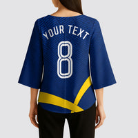Personalized Sweden Football Trophy Kimono Sleeve Blouse Golden Cup Flag Ribbon Dynamic Stripes