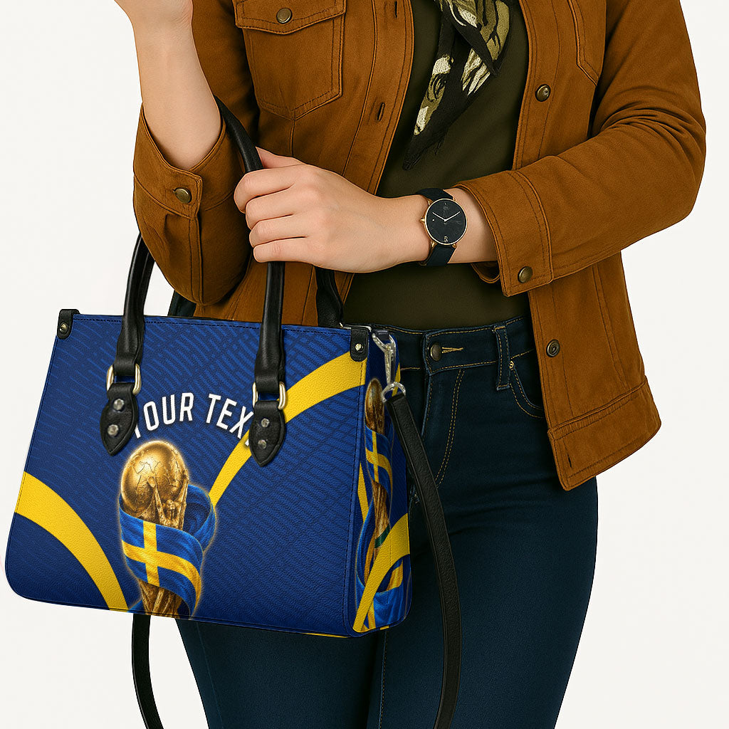 Personalized Sweden Football Trophy Leather Bag Golden Cup Flag Ribbon Dynamic Stripes