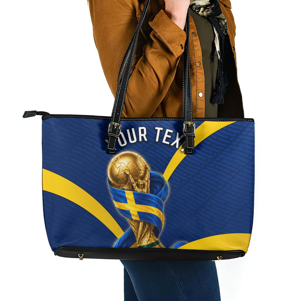 Personalized Sweden Football Trophy Leather Tote Bag Golden Cup Flag Ribbon Dynamic Stripes
