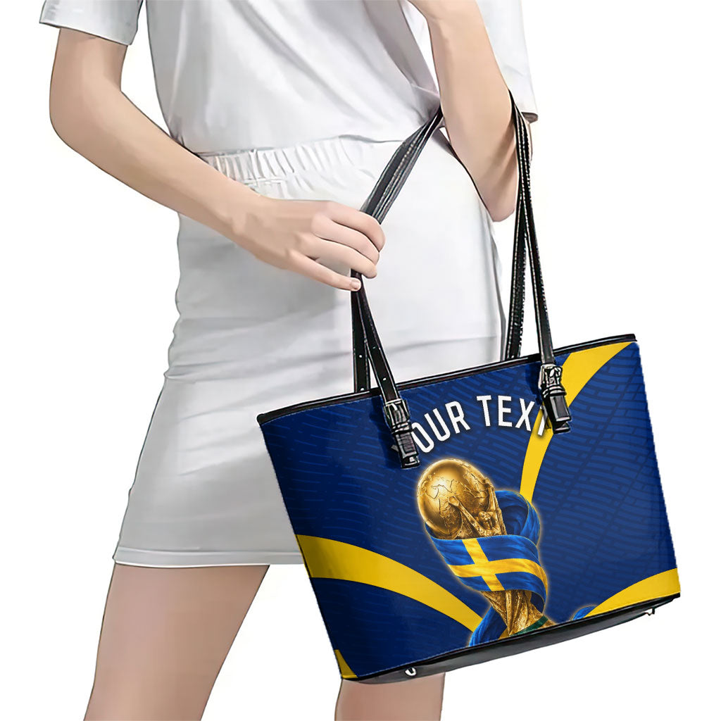Personalized Sweden Football Trophy Leather Tote Bag Golden Cup Flag Ribbon Dynamic Stripes