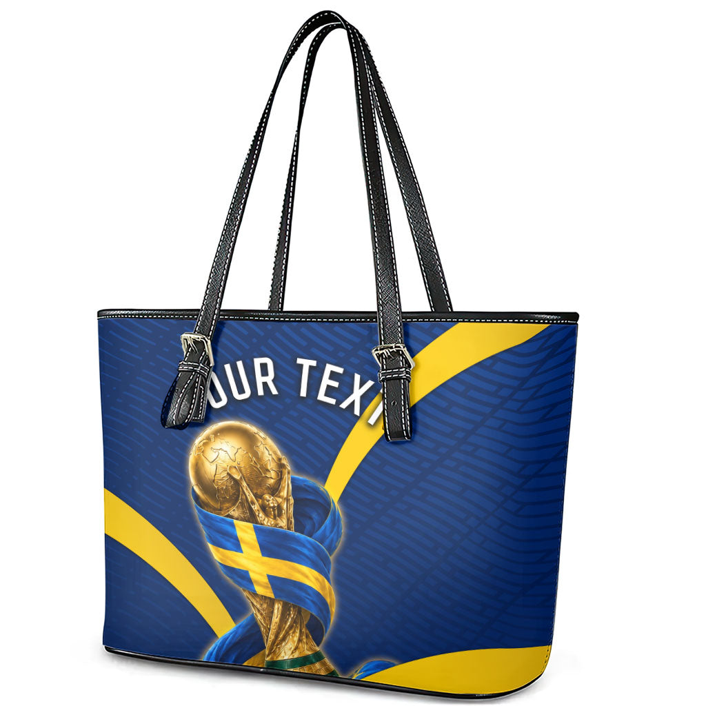 Personalized Sweden Football Trophy Leather Tote Bag Golden Cup Flag Ribbon Dynamic Stripes